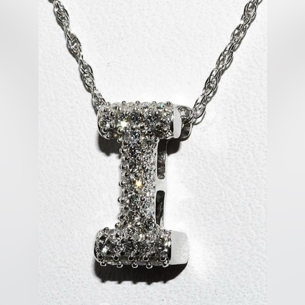 Genuine 10K Gold .25CT Natural White Diamond Cluster Letter "I" Slide Necklace